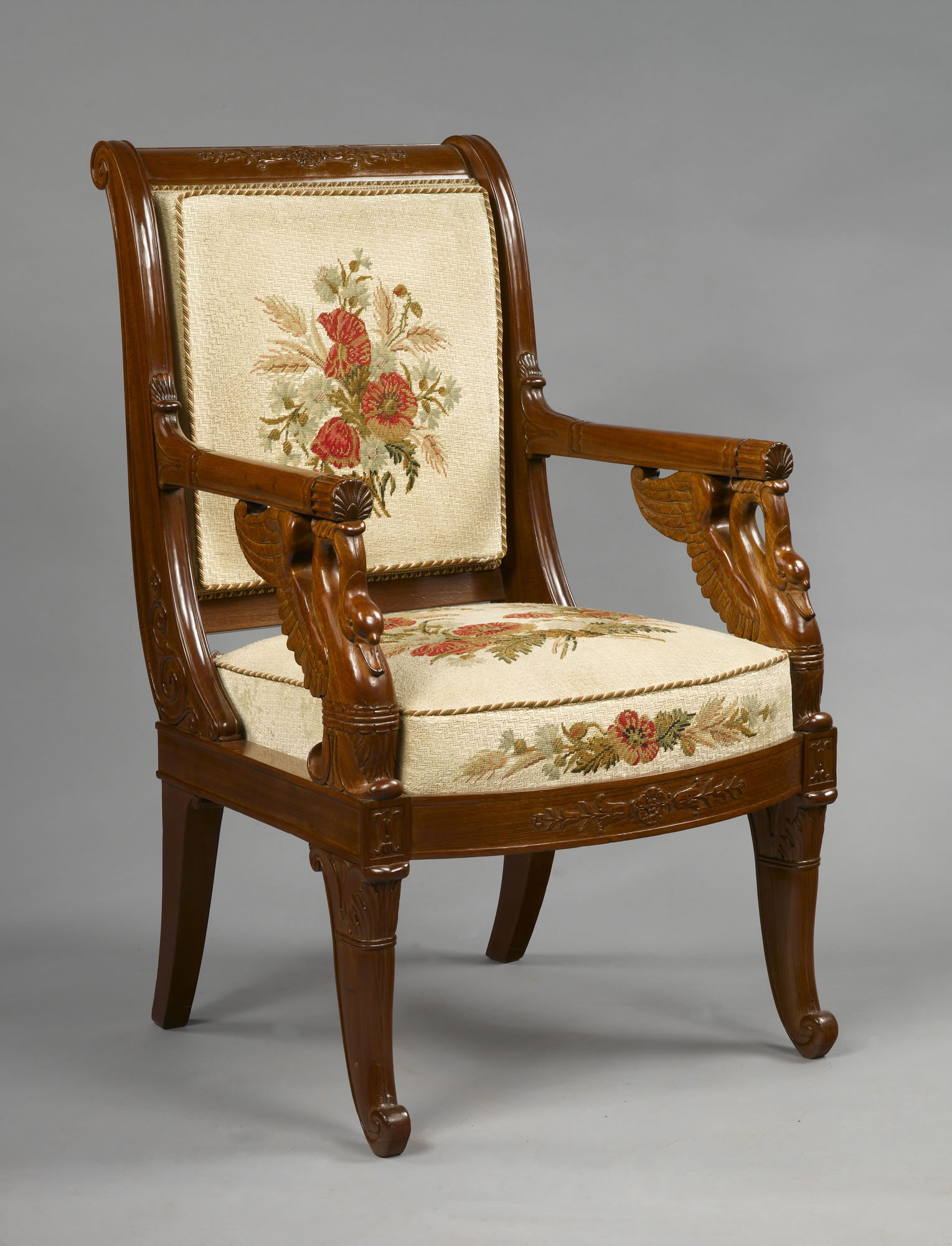 Set of Four French Empire Period, Mahogany Fauteuils Stamped, “L. BELLANGE”