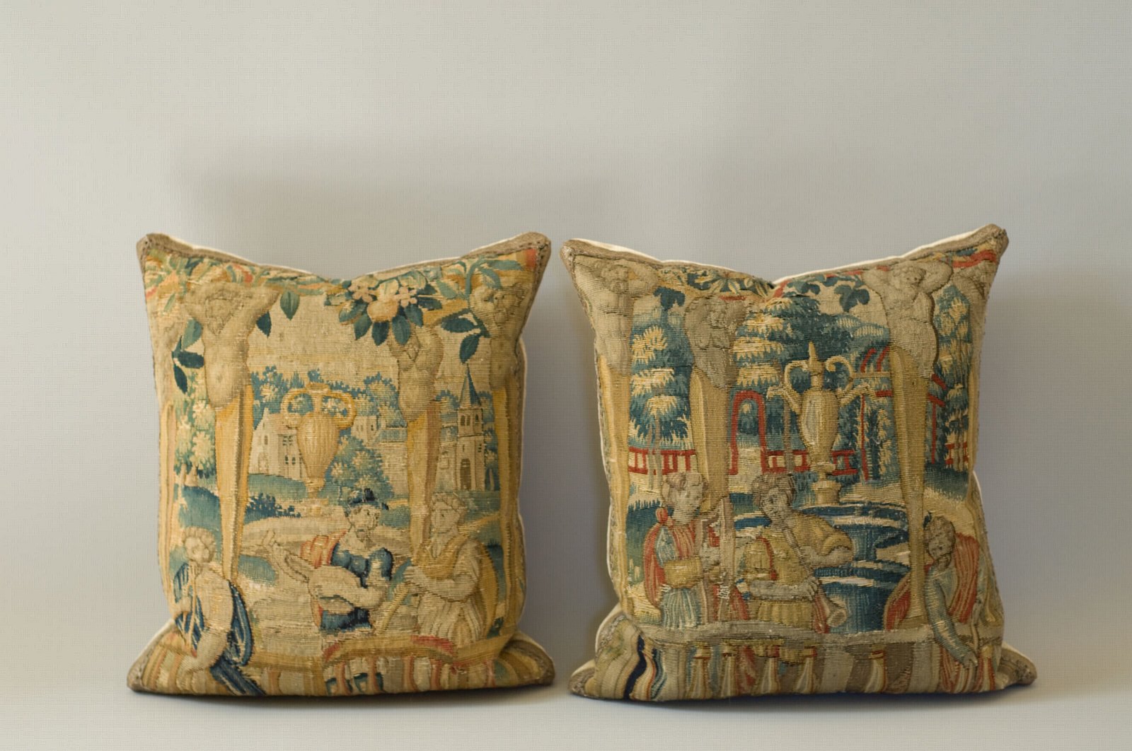 Pair of Late 16th Century, Brussels Tapestry Fragments Made into Modern Cushions