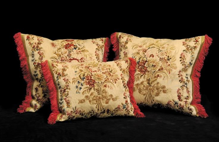French Silk and Wool Aubusson Tapestry Fragments Made Into Cushions - Click to enlarge and for full details.